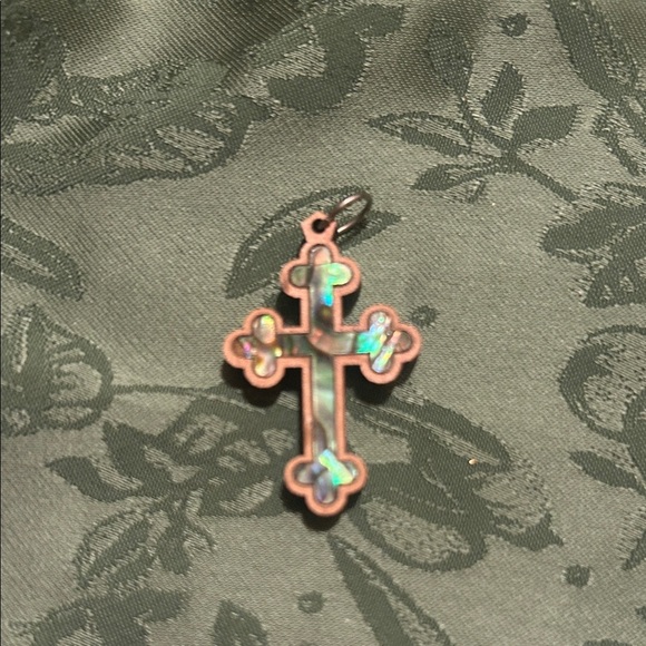None Jewelry - Wooden cross pendant with abalone shell for necklace
